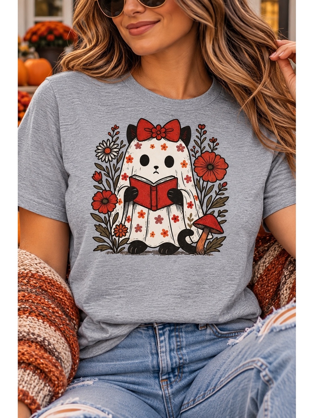 Cute Cat Ghost Reading Book Graphic T-Shirt for Women